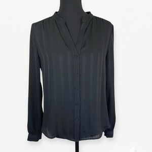 Ann Taylor Black Long Sleeve Sheer Strip Buttoned up career dress Blouse top S
